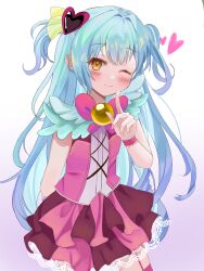 Rule 34 | 1girl, ;), absurdres, arm behind back, blue hair, blush, cowboy shot, criss-cross strings, dress, ento (user jjce7387), garter straps, gradient background, hair intakes, hair ornament, hand up, heart, heart hair ornament, highres, index finger raised, lace, lace-trimmed skirt, lace trim, lobotomy corporation, long hair, looking at viewer, magical girl, one eye closed, pink dress, pink skirt, pink thighhighs, project moon, purple background, queen of hatred, shirt, sidelocks, simple background, skirt, sleeveless, sleeveless shirt, smile, solo, standing, thighhighs, two side up, white background, white shirt, wrist cuffs, yellow eyes