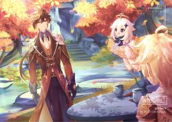 Rule 34 | 1girl, 2boys, :d, absurdres, aether (genshin impact), ahoge, antenna hair, arms at sides, autumn leaves, black gloves, black pants, blonde hair, blue eyes, blush, branch, cape, collared shirt, commentary, cup, earrings, english commentary, falling leaves, floating, formal, gem, genshin impact, gloves, gradient hair, hafuku, highres, jacket, jewelry, leaf, long hair, long sleeves, low-tied long hair, multicolored hair, multiple boys, necktie, open mouth, paimon (genshin impact), pants, shirt, single earring, smile, stairs, standing, suit, suit jacket, table, tassel, tassel earrings, thighhighs, tree, two-tone hair, white necktie, white thighhighs, wing collar, yellow eyes, zhongli (genshin impact)