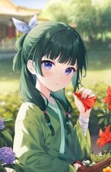 Rule 34 | 1girl, architecture, blurry, blurry background, commentary, day, depth of field, east asian architecture, flower, freckles, green hair, green hanfu, hand up, herb, highres, hitsukuya, holding, holding flower, kusuriya no hitorigoto, long hair, long sleeves, looking at viewer, maomao (kusuriya no hitorigoto), mushroom, outdoors, purple eyes, red flower, solo