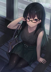 Rule 34 | 1girl, arm support, bare shoulders, bench, black eyes, black hair, black pantyhose, black shirt, bra, bra visible through clothes, collarbone, commentary, from above, green skirt, highres, kagematsuri, long hair, looking at viewer, miniskirt, original, outdoors, pantyhose, park bench, rain, ribbed shirt, see-through, shirt, sitting, skirt, sleeveless, sleeveless shirt, smile, solo, underwear, wet, wet clothes, wet hair, wet shirt