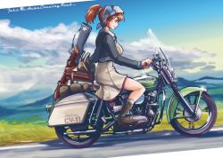 Rule 34 | 1girl, adapted costume, bag, black footwear, blue eyes, blue sky, bolt action, boots, brown hair, character name, cloud, commentary request, day, dress, grey dress, grey neckwear, gun, harley davidson, intrepid (kancolle), kantai collection, m1903 springfield, miniskirt, motor vehicle, motorcycle, mountain, outdoors, ponytail, riding, rifle, short hair, sitting, skirt, sky, smile, solo, thrux, weapon