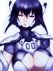 Rule 34 | 1girl, blue eyes, blue hair, bodysuit, breasts, cleavage, cleavage cutout, clothing cutout, fumio (rsqkr), huge breasts, lips, matching hair/eyes, original, robot ears, short hair, solo