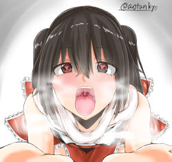 Rule 34 | 10s, 1girl, aotankyo, artist name, black hair, heart, heart-shaped pupils, highres, kantai collection, long hair, looking at viewer, open mouth, oral invitation, red eyes, sendai (kancolle), solo, symbol-shaped pupils, teeth, tongue, tongue out, twintails, upper body, uvula