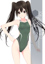 Rule 34 | 1girl, artist name, black hair, blush, brown eyes, character name, collarbone, commentary request, competition swimsuit, contrapposto, cowboy shot, eyes visible through hair, flat chest, green one-piece swimsuit, hair between eyes, hair ribbon, highleg, highleg swimsuit, highres, inaba shiki, kantai collection, long hair, looking at viewer, multicolored clothes, multicolored swimsuit, one-piece swimsuit, ribbon, simple background, smile, solo, standing, striped clothes, striped one-piece swimsuit, swimsuit, tone (kancolle), twintails, vertical-striped clothes, vertical-striped one-piece swimsuit, white background