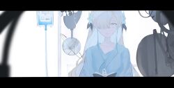 Rule 34 | 1girl, bed, blue hair, blurry, blurry foreground, book, closed mouth, collarbone, commentary, empty eyes, expressionless, grey hair, hair over one eye, highres, holding, holding book, hospital bed, hospital gown, intravenous drip, isekai joucho, iv stand, kamitsubaki studio, kenran 000, letterboxed, long hair, looking at viewer, machine, multicolored hair, one eye covered, open book, sanpaku, sidelocks, solo, streaked hair, turning page, upper body, virtual youtuber, white background