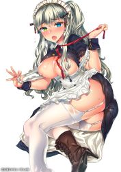 Rule 34 | 1girl, apron, apron pull, ass, belt, blue eyes, blush, boots, breasts, breasts out, buttons, clothes pull, cross-laced footwear, garter straps, green eyes, hair ornament, hair ribbon, heavy breathing, heterochromia, knee boots, kuon michiyoshi, large breasts, long hair, maid, maid apron, maid headdress, open mouth, ponytail, ribbon, sidelocks, silver hair, simple background, solo, strap slip, sweat, thighhighs, unbuttoned, white background, white thighhighs