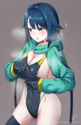 Rule 34 | 1girl, awono nanaumi, black gloves, black one-piece swimsuit, black thighhighs, blue hair, breasts, breath, cleavage, commentary request, competition swimsuit, covered navel, cowboy shot, fukami nana (awono nanaumi), gloves, green eyes, grey background, hair flaps, highleg, highleg swimsuit, highres, large breasts, looking at viewer, one-piece swimsuit, original, short hair, shrug (clothing), simple background, solo, swimsuit, thighhighs