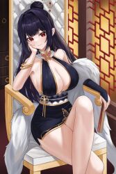 Rule 34 | 1girl, bangle, bare shoulders, black hair, bracelet, breasts, bridal gauntlets, chair, cleavage, crossed legs, dress, feet out of frame, fur shawl, hair bun, hair ornament, hairpin, halter dress, halterneck, highres, jewelry, large breasts, long hair, looking at viewer, nyanbutter, original, red eyes, shawl, sitting, smile, solo, thighs
