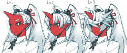 Rule 34 | 1girl, black ribbon, closed mouth, collared shirt, colored skin, horns, long hair, neck ribbon, oni, oni horns, original, red ribbon, red skin, ribbon, shirt, simple background, single horn, skj, smile, twintails, very long hair, white background, white shirt, wing collar, yellow eyes