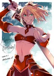 Rule 34 | 1girl, armor, armored dress, bandeau, bare shoulders, blonde hair, blue sky, border, braid, breasts, clarent (fate), cloud, dated, detached collar, detached sleeves, fate/grand order, fate (series), fingernails, french braid, green eyes, hair between eyes, happy birthday, highres, long fingernails, mordred (fate), navel, outside border, over shoulder, red scrunchie, scrunchie, shirin (tsukimiyagura), short hair, sky, small breasts, smile, solo, sword, sword over shoulder, twitter username, weapon, weapon over shoulder, white border