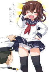Rule 34 | 10s, 1girl, admiral (kancolle), ascot, black thighhighs, blush, blush stickers, brown hair, child, clothes lift, dd (ijigendd), fang, hair ornament, hairclip, hand on own hip, ikazuchi (kancolle), kantai collection, neckerchief, open mouth, panties, personification, pleated skirt, red neckerchief, school uniform, serafuku, short hair, skirt, skirt lift, thighhighs, translated, underwear, white panties