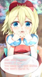 Rule 34 | 1girl, :d, aties20, blonde hair, blue eyes, blurry, blurry background, blush, breasts, creatures (company), depth of field, english text, game freak, hair between eyes, hand to own mouth, hands up, highres, irida (pokemon), looking at viewer, nintendo, open mouth, pokemon, pokemon legends: arceus, red shirt, shirt, short shorts, shorts, small breasts, smile, solo, strapless, strapless shirt, white shorts