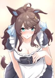 Rule 34 | absurdres, ahoge, alternate costume, animal ears, apron, blue eyes, breasts, brown hair, cleavage, collarbone, commentary request, daring tact (umamusume), enmaided, hair ornament, highres, horse ears, horse girl, horse tail, looking at viewer, maid, medium breasts, medium hair, open mouth, ribbon, sho mix illustration, simple background, tail, umamusume