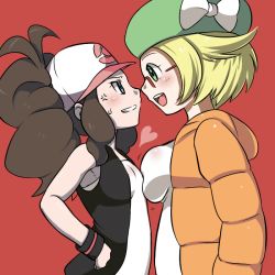 Rule 34 | 10s, 2girls, asymmetrical docking, baseball cap, bianca (pokemon), blonde hair, breast envy, breast press, breasts, brown hair, creatures (company), eye contact, face-to-face, game freak, glasses, green eyes, hat, hilda (pokemon), long hair, looking at another, medium breasts, multiple girls, nintendo, pokemon, pokemon bw, pokemon bw2, refuto, short hair, small breasts, smile
