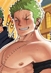 Rule 34 | 1boy, armband, bara, black eyes, blurry, blurry background, blush, close-up, ear piercing, earrings, fang, frown, green hair, highres, jewelry, large pectorals, looking at viewer, male focus, manly, mature male, muscular, muscular male, nikuo (29niku), nipples, one piece, pectorals, piercing, roronoa zoro, scar, scar across eye, scar on chest, smirk, solo, spiked hair, stud earrings, sweat, sweatdrop, teeth, topless male, upper body, veins