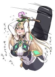 Rule 34 | 1girl, @ @, black pantyhose, blonde hair, blush, breasts, earrings, exhausted, flower, hair flower, hair ornament, hammer, highres, jewelry, large breasts, leggings, miniskirt, mythra (massive melee) (xenoblade), mythra (xenoblade), nintendo, open mouth, pantyhose, ryouten9, skirt, solo, super smash bros., sweat, translation request, white background, xenoblade chronicles (series), xenoblade chronicles 2, yellow eyes