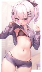 Rule 34 | 1girl, :o, arata (xin), black bra, black panties, bra, breasts, clothes lift, hair ornament, highres, jacket, jacket lift, lifting own clothes, looking at viewer, navel, original, outside border, panties, ponytail, purple eyes, purple jacket, shorts, small breasts, solo, stomach, track jacket, underwear, white hair, x hair ornament