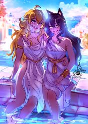 Rule 34 | 2girls, ancient greek clothes, animal ears, black hair, blake belladonna, blonde hair, bracelet, breasts, cat ears, cherry in the sun, cleavage, couple, dress, greco-roman clothes, hand on another&#039;s waist, jewelry, long hair, medium breasts, multiple girls, onsen, purple eyes, rwby, smile, summer, thighs, yang xiao long, yellow eyes, yuri