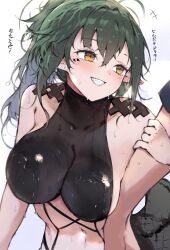 1girl arknights bare_shoulders breasts crocodilian_tail gavial_(arknights) green_hair green_tail hair_between_eyes highres holding kyuu_(plastic_night_q) large_breasts long_hair navel pointy_ears smile swimsuit tail upper_body yellow_eyes