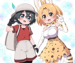 Rule 34 | 2girls, :3, animal ears, backpack, bag, bare shoulders, black gloves, black hair, black legwear, blonde hair, blue eyes, blush, bow, bowtie, cat ears, cat girl, cat tail, claw pose, commentary request, cowboy shot, elbow gloves, extra ears, fang, gloves, grey shorts, hat feather, helmet, high-waist skirt, highres, holding, holding hands, holding weapon, kaban (kemono friends), kemono friends, looking at viewer, multiple girls, open mouth, pantyhose, pith helmet, print bow, print bowtie, print gloves, print legwear, print skirt, ransusan, red shirt, serval (kemono friends), serval print, shirt, short hair, short sleeves, shorts, skirt, sleeveless, t-shirt, tail, thighhighs, traditional bowtie, weapon, white shirt, yellow eyes, zettai ryouiki