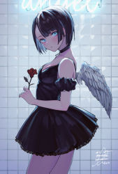 Rule 34 | 1girl, angel wings, arm scrunchie, backlighting, black choker, black dress, black hair, black scrunchie, blue eyes, blush, breasts, choker, closed mouth, collarbone, cowboy shot, cross, cross necklace, dress, eyelashes, flower, from side, head tilt, highres, holding, holding flower, jewelry, looking at viewer, necklace, neon lights, original, parted bangs, red flower, red rose, rose, scrunchie, short dress, short hair, sidelocks, signature, sleeveless, sleeveless dress, small breasts, solo, standing, uni (melm), wings