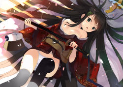 Rule 34 | 1girl, bare shoulders, black hair, black thighhighs, blush, breasts, cherry blossoms, cleavage, green eyes, hair ribbon, japanese clothes, katana, kimono, long hair, looking at viewer, lying, nauribon, obi, on back, open clothes, open kimono, open mouth, original, panties, petals, revision, ribbon, sash, shade, side-tie panties, solo, sword, thighhighs, underwear, very long hair, weapon, white panties
