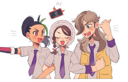 Rule 34 | 1boy, 2girls, :d, arven (pokemon), black hair, braid, breast pocket, bright pupils, brown eyes, brown hair, closed eyes, collared shirt, commentary request, creatures (company), eyelashes, facing viewer, freckles, game freak, gen 4 pokemon, green hair, hime (himetya105), juliana (pokemon), locked arms, long hair, multicolored hair, multiple girls, necktie, nemona (pokemon), nintendo, open mouth, outstretched arm, pocket, pokemon, pokemon sv, ponytail, purple necktie, rotom, rotom phone, school uniform, shirt, smile, two-tone hair, vest, white background, white pupils, yellow vest