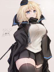 Rule 34 | ..., 2girls, apple on head, arknights, black coat, black headwear, black legwear, black skirt, blonde hair, blue eyes, breasts, chibi, chibi inset, clothes writing, coat, durin (arknights), hat, highres, id card, kaguura (kagu), large breasts, long hair, multiple girls, myrtle (arknights), open clothes, open coat, pleated skirt, pointy ears, pout, shirt, simple background, skirt, sleeves past fingers, sleeves past wrists, spoken ellipsis, thighhighs, thighs, white shirt, zettai ryouiki
