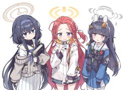 Rule 34 | 3girls, binoculars, black hair, blue archive, blush, commentary request, forehead, gloves, hair between eyes, hair ornament, halo, headband, highres, jacket, looking at viewer, miyu (blue archive), multiple girls, open mouth, purple eyes, red eyes, red hair, school uniform, sweat, sweater, ui (blue archive), yandama, yuzu (blue archive)
