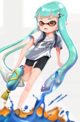 Rule 34 | 1girl, absurdres, bike shorts, black shorts, blue hair, brown eyes, domino mask, hair ornament, hairclip, highres, inkling, inkling girl, inkling player character, leg up, long hair, mask, mitaka, nintendo, open mouth, pointy ears, shirt, short sleeves, shorts, solo, splatoon (series), standing, standing on one leg, tentacle hair, weapon, white shirt