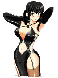 Rule 34 | 1girl, armpits, bad id, bad pixiv id, black dress, black gloves, black hair, blush, braid, breasts, brown eyes, china dress, chinese clothes, cleavage, clothing cutout, curvy, dead or alive, dress, elbow gloves, garter straps, gloves, halterneck, highres, large breasts, latex, latex dress, latex gloves, lei fang, lips, long hair, navel, navel cutout, no bra, pelvic curtain, side slit, solo, tecmo, thighhighs, twin braids, xyz (kamikazejap)