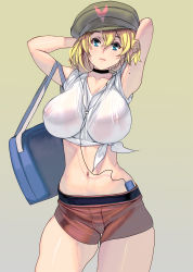 Rule 34 | 1girl, armpits, arms up, bag, black choker, blonde hair, blouse, blue eyes, breasts, breasts apart, cabbie hat, cable, choker, collarbone, commentary request, covered erect nipples, cowboy shot, curvy, digital media player, earbuds, earphones, front-tie top, green hat, hair between eyes, handbag, hands in hair, hat, head tilt, highres, kouno (masao), large breasts, looking at viewer, medium hair, mole, mole on arm, navel, no bra, original, peaked cap, see-through, shirt, short shorts, shorts, shoulder bag, simple background, skin tight, skindentation, solo, standing, thighs, white background, white shirt