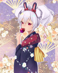 Rule 34 | 1girl, :o, animal ears, azur lane, candy, candy apple, commentary request, eating, fake animal ears, food, from side, hair between eyes, hairband, head tilt, holding, holding candy, holding food, japanese clothes, kimono, laffey (azur lane), laffey (snow rabbit and candy apple) (azur lane), long hair, long sleeves, looking at viewer, looking to the side, obi, rabbit ears, red eyes, sash, sidelocks, solo, twintails, white hair, wide sleeves, yukata