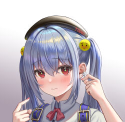 Rule 34 | 1girl, artist name, beret, black hat, blue hair, blush, bow, bowtie, closed mouth, collared shirt, earbuds, earphones, gradient background, grey background, hands up, hat, highres, holding, holding earphones, light blue hair, original, pink bow, pink bowtie, pointing, pointing at self, portrait, red eyes, red nails, shirt, solo, ttkaki, twintails, white shirt, wireless earphones