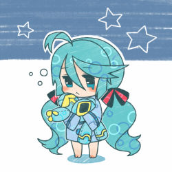Rule 34 | 1girl, :&lt;, ahoge, alternate costume, barefoot, blue eyes, blue theme, blush, bow, bubble, character doll, chibi, closed mouth, crossover, full body, hair between eyes, hair bow, hatsune miku, holding, legs apart, long hair, long sleeves, rkp, solo, soundwave (transformers), standing, star (symbol), tears, transformers, transformers animated, twintails, very long hair, vocaloid