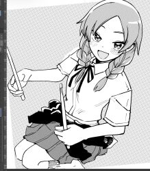 1girl :d art_program_in_frame blush braid clothes_around_waist collared_shirt commentary_request dress_shirt drumsticks from_above futsuu_no_keion-bu greyscale highres holding holding_drumsticks long_hair looking_at_viewer monochrome neck_ribbon open_mouth parted_bangs pleated_skirt ribbon ritsu_(roboroboro) school_uniform shirt shirt_tucked_in short_sleeves simple_background skirt smile socks solo sweater sweater_around_waist twin_braids twintails uchida_momo white_background wing_collar