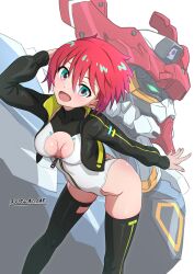 1girl absurdres alice_gear_aegis amate_yuzuriha aqua_eyes black_jacket black_thighhighs breasts circle_cutout cleavage cleavage_cutout clothing_cutout companion/af covered_collarbone feet_out_of_frame front_zipper full-length_zipper gquuuuuux gundam gundam_gquuuuuux heattech_leotard highleg highleg_leotard highres hutokumi jacket leaning_forward leotard looking_at_viewer mecha medium_breasts multicolored_leotard race_queen red_hair robot short_hair sleeveless_turtleneck_leotard smile thighhighs turtleneck two-tone_leotard white_leotard zipper zipper_leotard zipper_pull_tab