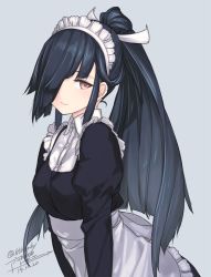 Rule 34 | 1girl, alternate costume, apron, black dress, black hair, blue background, blush, dated, dress, enmaided, frills, hair over one eye, hair ribbon, hayashimo (kancolle), juliet sleeves, kantai collection, long hair, long sleeves, looking at viewer, maid, maid headdress, one-hour drawing challenge, ponytail, puffy sleeves, purple eyes, ribbon, rokuwata tomoe, sidelocks, signature, simple background, smile, solo, very long hair, waist apron