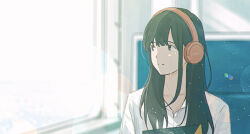 Rule 34 | 1girl, black eyes, black hair, brand name imitation, closed mouth, collarbone, commentary request, crying, crying with eyes open, hair between eyes, headphones, highres, lens flare, long hair, oka kojiro, original, shirt, sidelocks, sitting, sony, sunlight, tears, train, train interior, upper body, white shirt