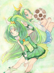 Rule 34 | 10s, 1girl, cure march, dress, dual persona, green dress, green eyes, green hair, green shorts, green skirt, green theme, grin, long hair, looking at viewer, magical girl, midorikawa nao, precure, shio (tsumiki asobi), shorts, shorts under skirt, skirt, sleeves rolled up, smile, smile precure!, traditional media
