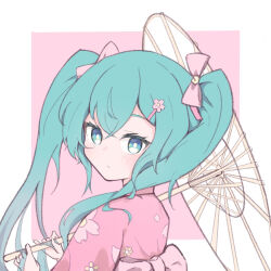 Rule 34 | 1girl, aqua eyes, aqua hair, blush, bow, floral print, flower, frown, hair bow, hair ornament, hairpin, hatsune miku, highres, holding, holding umbrella, japanese clothes, kimono, light blush, long hair, long sleeves, looking at viewer, looking back, newminds, oil-paper umbrella, pink background, pink bow, sash, simple background, solo, twintails, umbrella, vocaloid, white background
