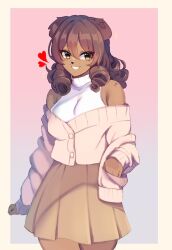 Rule 34 | 1girl, animal ears, animal nose, bare shoulders, border, breasts, brown eyes, brown hair, brown skirt, buttons, clenched teeth, cowboy shot, drill hair, freckles, gradient background, hair between eyes, hand in pocket, heart, highres, large breasts, long hair, long sleeves, looking at viewer, off shoulder, open mouth, original, outside border, pink background, pleated skirt, puppyypawss, sidelighting, simple background, skirt, smile, solo, sparkle, teeth, tsurime, turtleneck, twin drills, white border