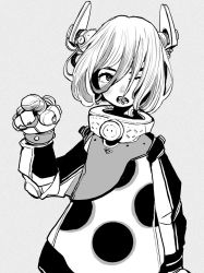 Rule 34 | 1girl, acky bright, collar, cowboy shot, greyscale, hair over face, highres, horns, long sleeves, looking to the side, mecha musume, mechanical arms, mechanical horns, mechanical parts, monochrome, one eye closed, original, pointing, polka dot, puffy sleeves, short hair, solo, white background