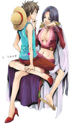 Rule 34 | 1boy, 1girl, amazon lily, bad id, bad pixiv id, black hair, boa hancock, breasts, cape, cleavage, couple, english text, epaulettes, head rest, heart, hetero, high heels, large breasts, monkey d. luffy, nakagawa waka, one piece, shoes, sitting, sitting on lap, sitting on person