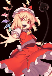 Rule 34 | 1girl, :d, ascot, black background, blonde hair, bloomers, bow, cowboy shot, crystal, flandre scarlet, foreshortening, frilled shirt collar, frills, hat, hat bow, holding, kaiza (rider000), laevatein, looking at viewer, mob cap, one side up, open mouth, outstretched arm, petticoat, puffy short sleeves, puffy sleeves, red bow, red eyes, red skirt, red vest, shirt, short hair, short sleeves, simple background, skirt, smile, solo, touhou, underwear, vest, white bloomers, white hat, white shirt, wings, yellow ascot