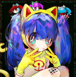 Rule 34 | 4girls, animal ears, animal hood, b=conumi (leper kamilah), best happiness, black background, blue eyes, blue hair, blunt bangs, borrowed character, cat ears, cat hood, character name, closed mouth, colored skin, gloves, hands up, highres, hood, hood up, knees up, long hair, looking at viewer, melting eyes, mini person, minigirl, multiple girls, original, pink hair, red hair, red skin, shirt, sitting, tail, tongue, tongue out, twintails, w, yellow gloves, yellow shirt