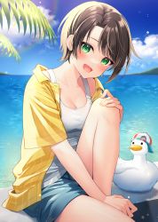 Rule 34 | 1girl, :d, animal, bare legs, bird, black hair, blue shorts, blue sky, blush, breasts, cleavage, collarbone, day, duck, eyebrows hidden by hair, green eyes, hand on own knee, hat, highres, hololive, horizon, jacket, knee up, lens flare, medium breasts, ocean, oozora subaru, open clothes, open jacket, open mouth, outdoors, ruima, short hair, short sleeves, shorts, sitting, sky, smile, solo, striped clothes, striped jacket, subaru duck, swept bangs, tank top, vertical-striped clothes, vertical-striped jacket, virtual youtuber, water, yellow jacket
