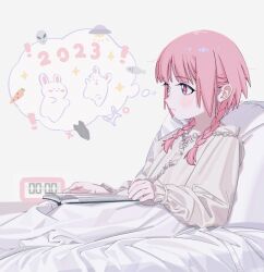 Rule 34 | !, 1girl, 2023, alien, blush, book, braid, carrot, chinese zodiac, clock, commentary request, digital clock, expressionless, fish, frills, highres, kaf (kamitsubaki studio), kamitsubaki studio, long hair, low twin braids, multicolored eyes, nightgown, pink hair, rabbit, ryuuforkaf, sitting, solo, sparkle, twin braids, ufo, under covers, virtual youtuber, white rabbit (animal), year of the rabbit, yellow pupils