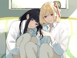 Rule 34 | 2girls, black hair, blonde hair, blurry, blurry background, blush, closed mouth, collared shirt, commentary, couch, dress shirt, feet out of frame, hair ribbon, highres, hugging own legs, indoors, inoue takina, knees up, light particles, long hair, long sleeves, looking at another, looking at viewer, lycoris recoil, multiple girls, nishikigi chisato, one side up, playing with another&#039;s hair, puffy sleeves, purple eyes, red eyes, red ribbon, ribbon, shirt, short hair, sidelighting, sidelocks, sitting, sunlight, variant set, white shirt, yomo (moo 777 moo), yuri