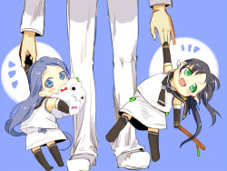 Rule 34 | 10s, 2girls, admiral (kancolle), aged down, black legwear, blue eyes, blue hair, blush stickers, chibi, commentary request, covering own mouth, elbow gloves, fatherly, gloves, green eyes, holding hands, hugging object, kantai collection, kishio (pixiv9266151), long hair, looking at viewer, low twintails, miss cloud, multiple girls, neckerchief, open mouth, ribbon, samidare (kancolle), school uniform, serafuku, shirt, simple background, skirt, sleeveless, sleeveless shirt, stick, suzukaze (kancolle), thighhighs, twintails, very long hair